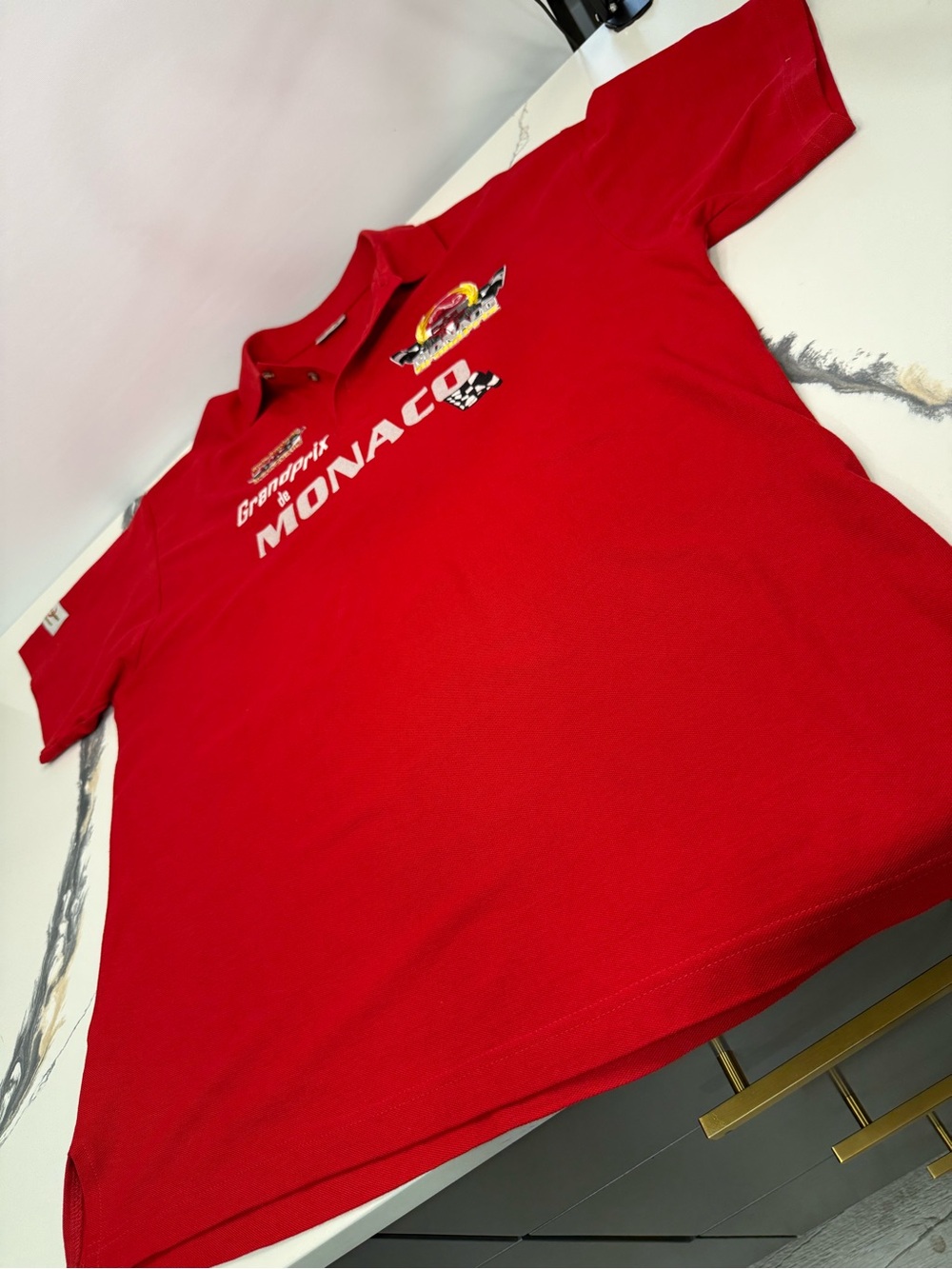 Vintage Monaco Grand Prix Racing Patch Spellout Polo Shirt Men’s Size XXL Red